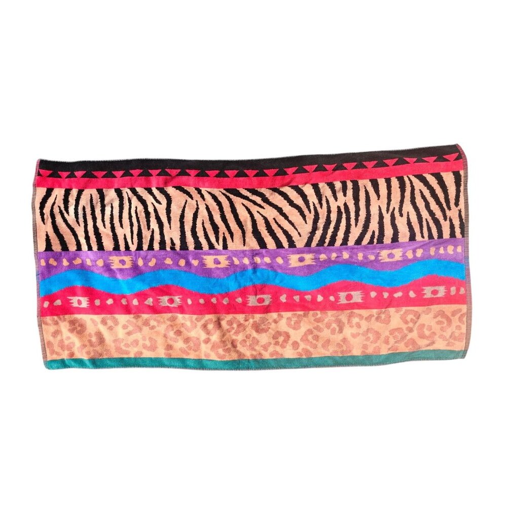 Vintage Royal Terry Multicolor Stripe Animal Print Beach Towel Made In Brazil